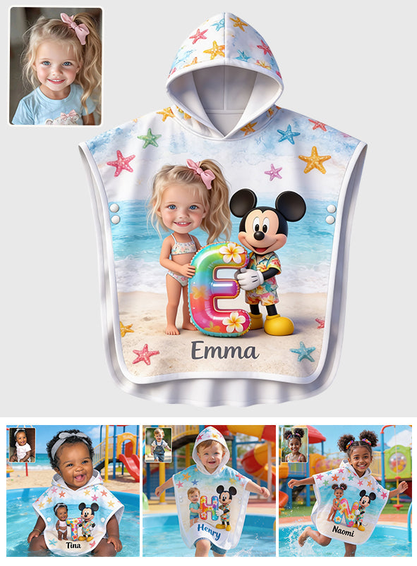 Custom Any Photo Holding Letter - Personalized Mouse Kid Hooded Towel Poncho
