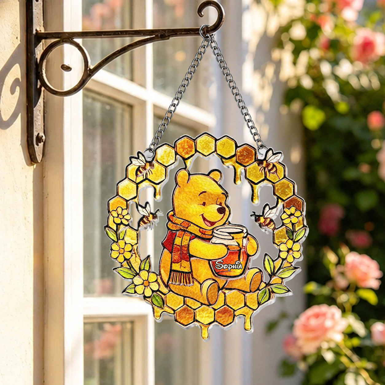 Fall Vibes - Personalized Yellow Bear 3D Printed Glass Suncatcher