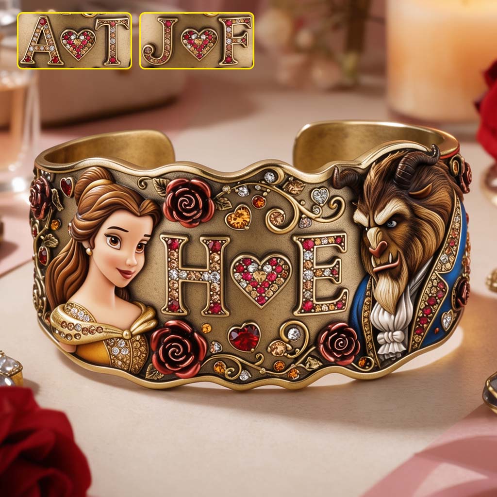 Initial Couple Gift - Personalized Beauty And The Beast Shaped Cuff Bracelet