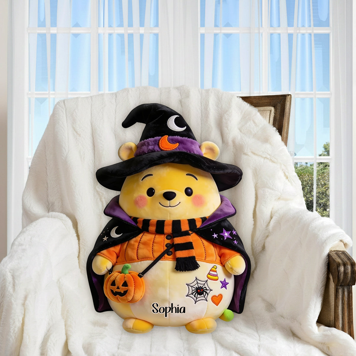 Too Cute To Spook - Personalized Yellow Bear Premium Faux Fur Pillow