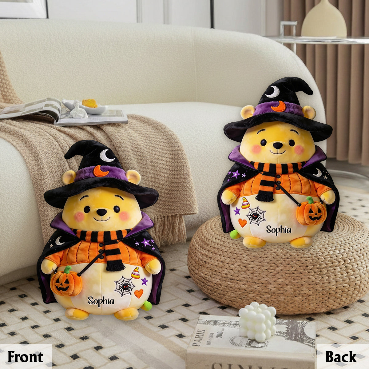Too Cute To Spook - Personalized Yellow Bear Premium Faux Fur Pillow