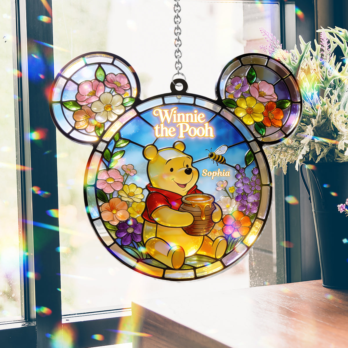 Whispers of Honey & Wildflowers - Personalized Yellow Bear Window Hanging Suncatcher Ornament