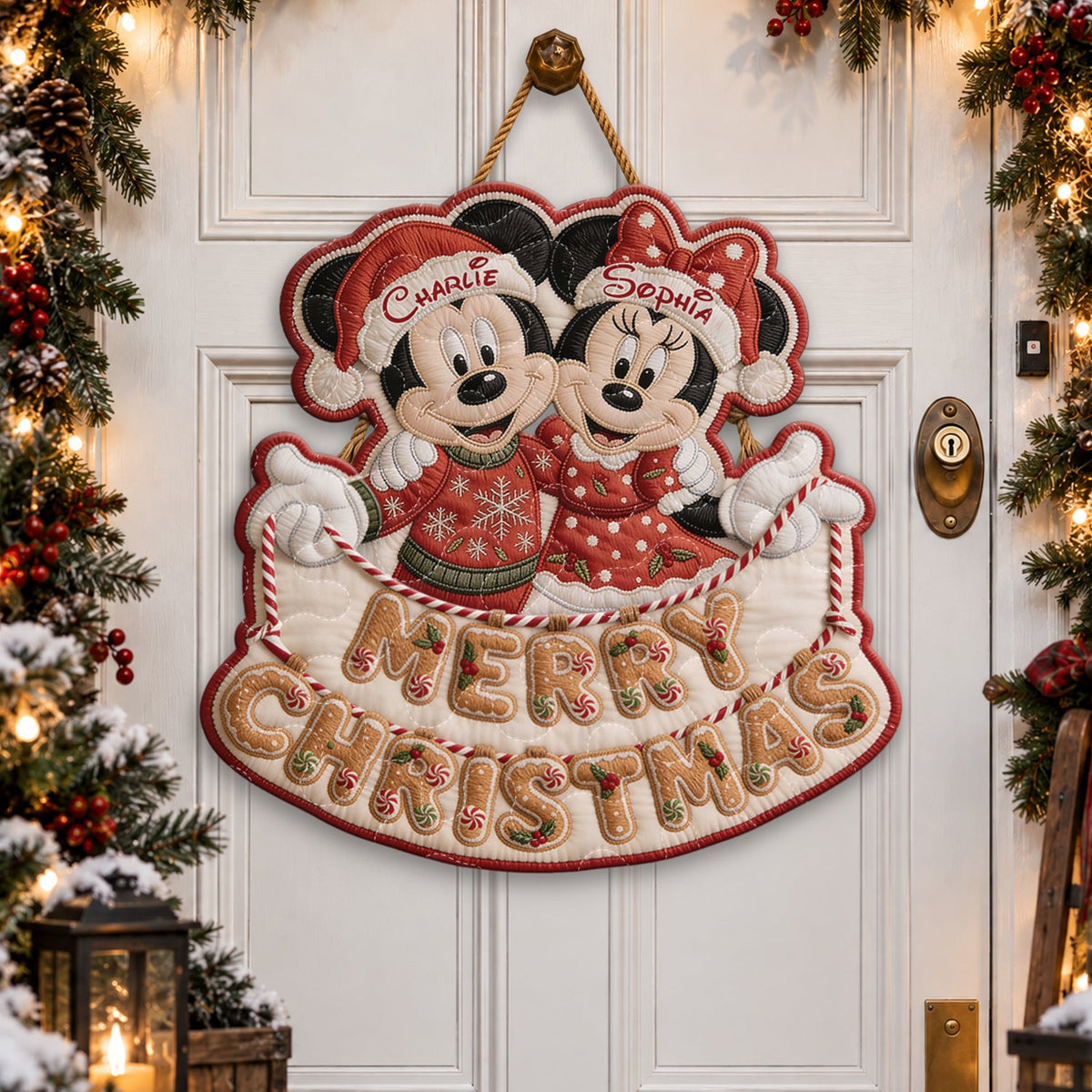 Merry Christmas Mouse Couple Gift - Personalized Mouse Quilted Door Hanger
