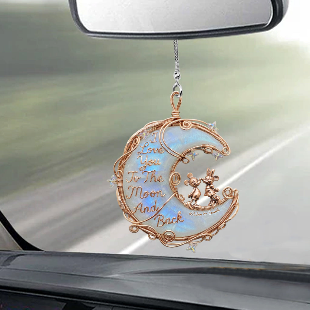 I Love You To The Moon And Back, Moonstone Styled Mouse Couple - Personalized Mouse Car Ornament