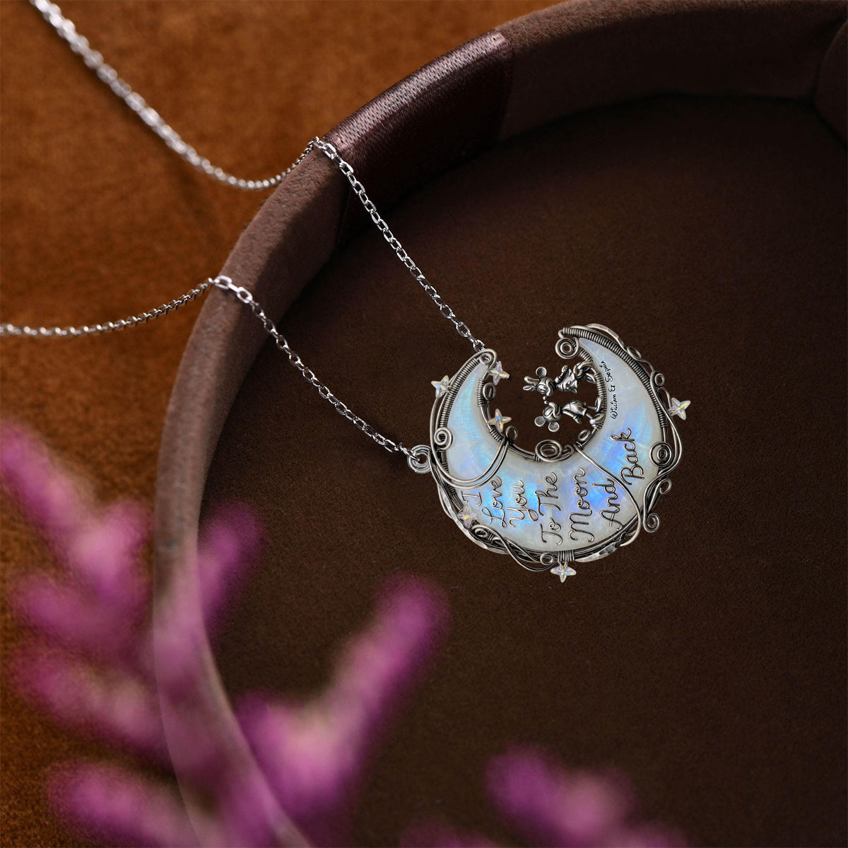 I Love You To The Moon And Back, Moonstone Styled Mouse Couple - Personalized Mouse Custom Shaped Pendant Necklace