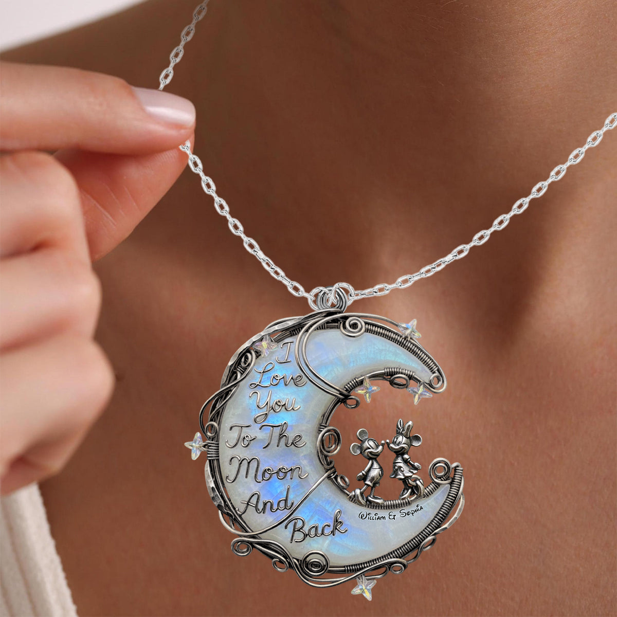 I Love You To The Moon And Back, Moonstone Styled Mouse Couple - Personalized Mouse Custom Shaped Pendant Necklace
