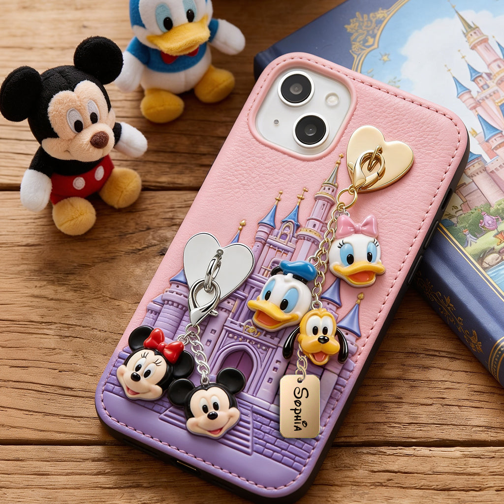 Magical Castle Friends Leather Phone Case & Charm Set - Personalized Mouse 3D Embossed Leather Phone Case