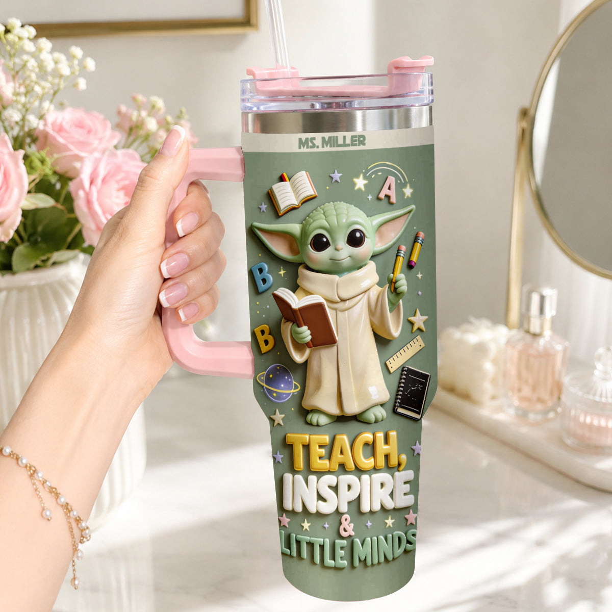 Teach, Inspire & Little Minds - Personalized Teacher Tumbler With Plush Charm