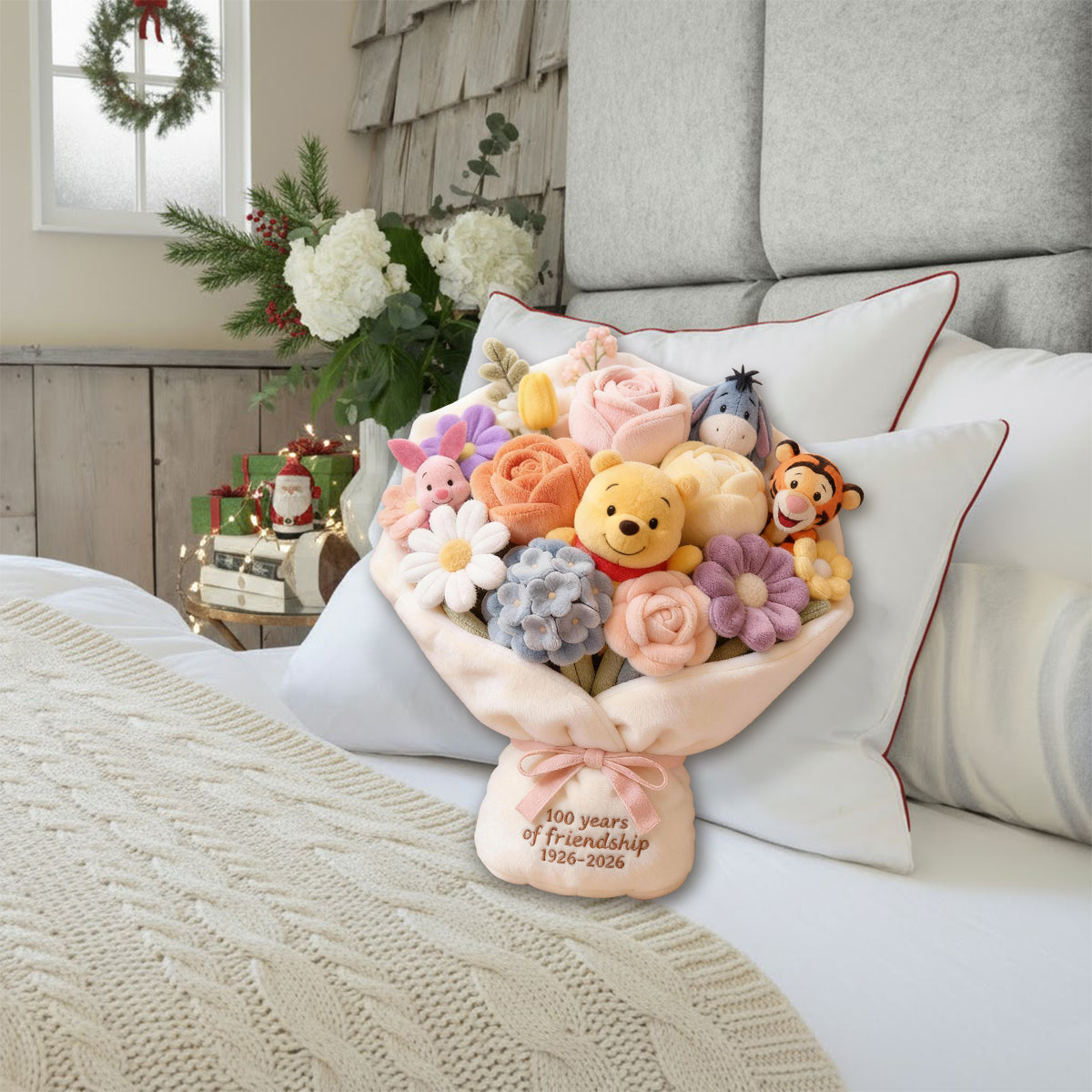 100 Years Of Friendship Bouquet - Personalized Yellow Bear Faux Fur Shaped Pillow