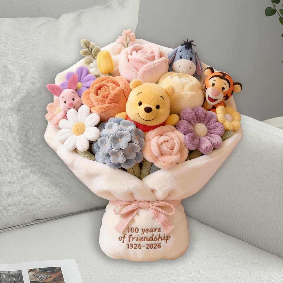 100 Years Of Friendship Bouquet - Personalized Yellow Bear Faux Fur Shaped Pillow