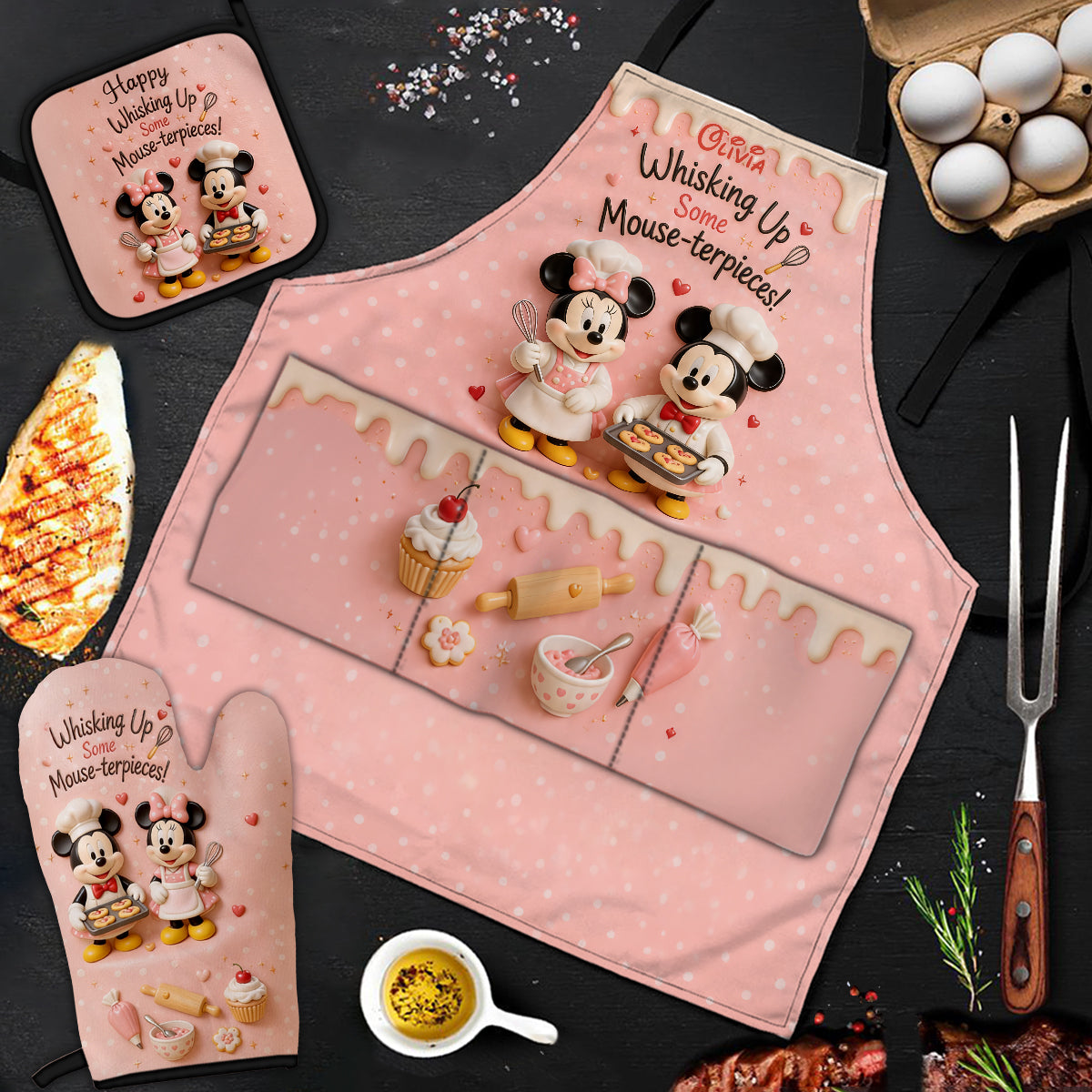 Cartoon Mouse, Baking Theme - Personalized Baking Apron, Oven Mitts & Pot Holder