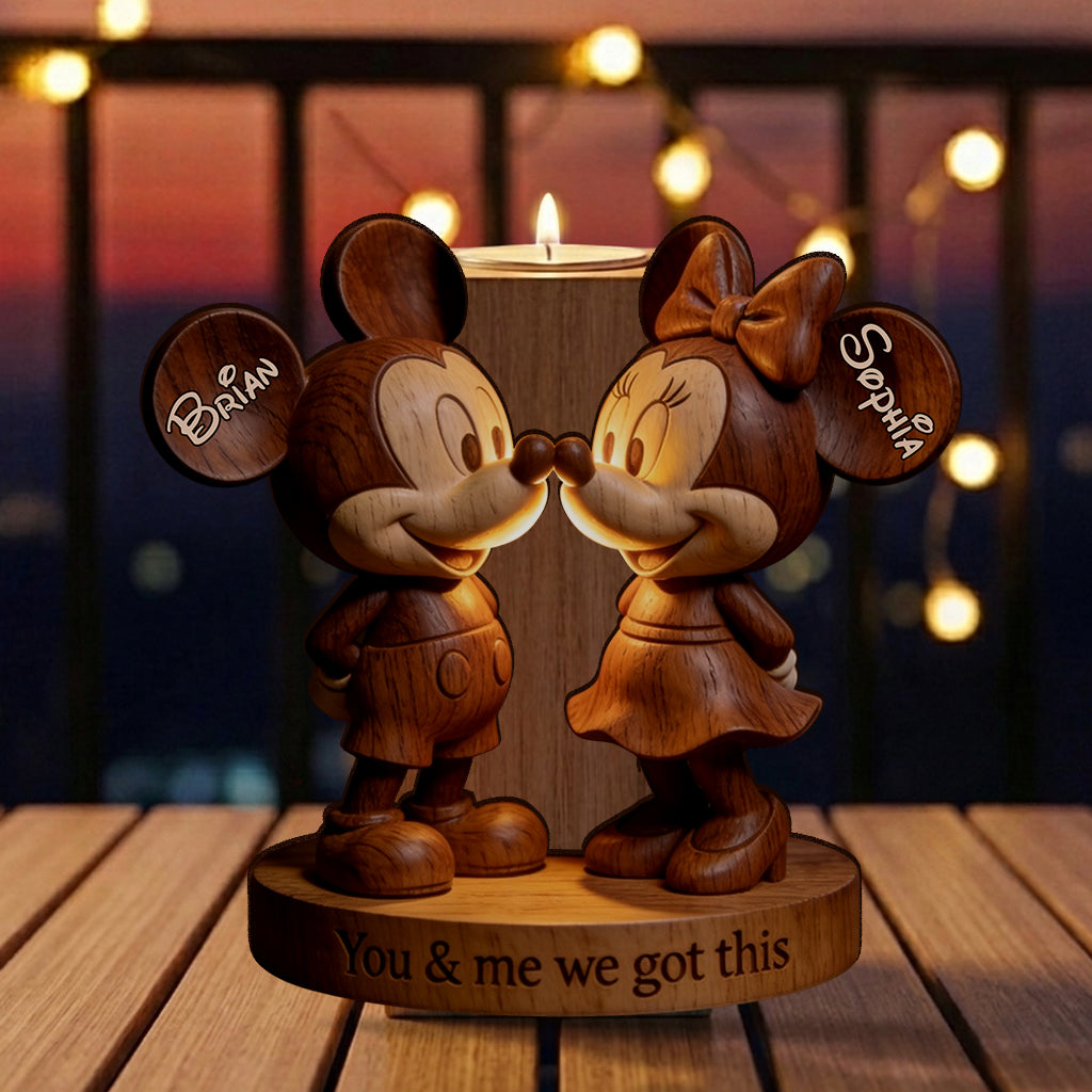 You & Me Mouse Couple - Personalized Mouse Custom Shape Wooden Candle Holder