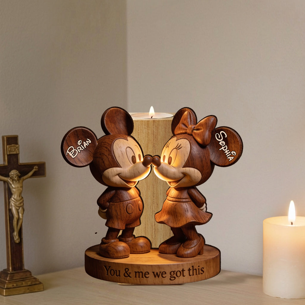 You & Me Mouse Couple - Personalized Mouse Custom Shape Wooden Candle Holder