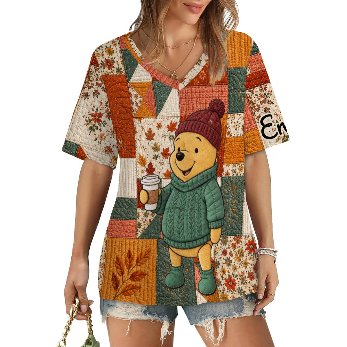 Honey Bear, Autumn Vibes - Personalized Yellow Bear Fully Printed V-Neck T-Shirt