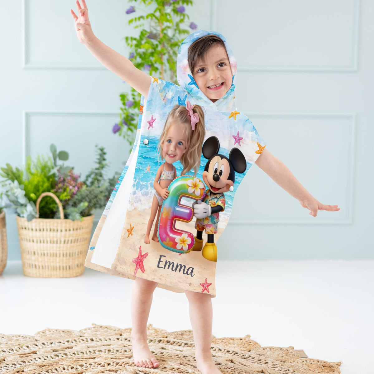 Custom Any Photo Holding Letter - Personalized Mouse Kid Hooded Towel Poncho