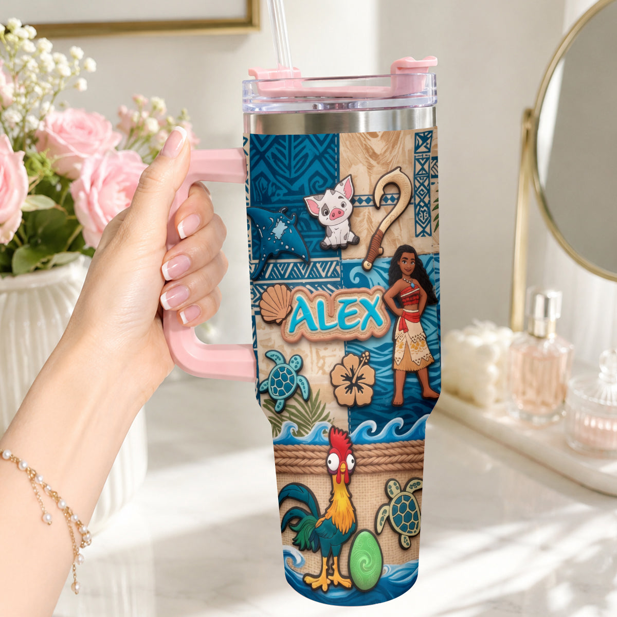 Ocean Adventure Cartoon Friends - Personalized Moana Tumbler With Plush Charm
