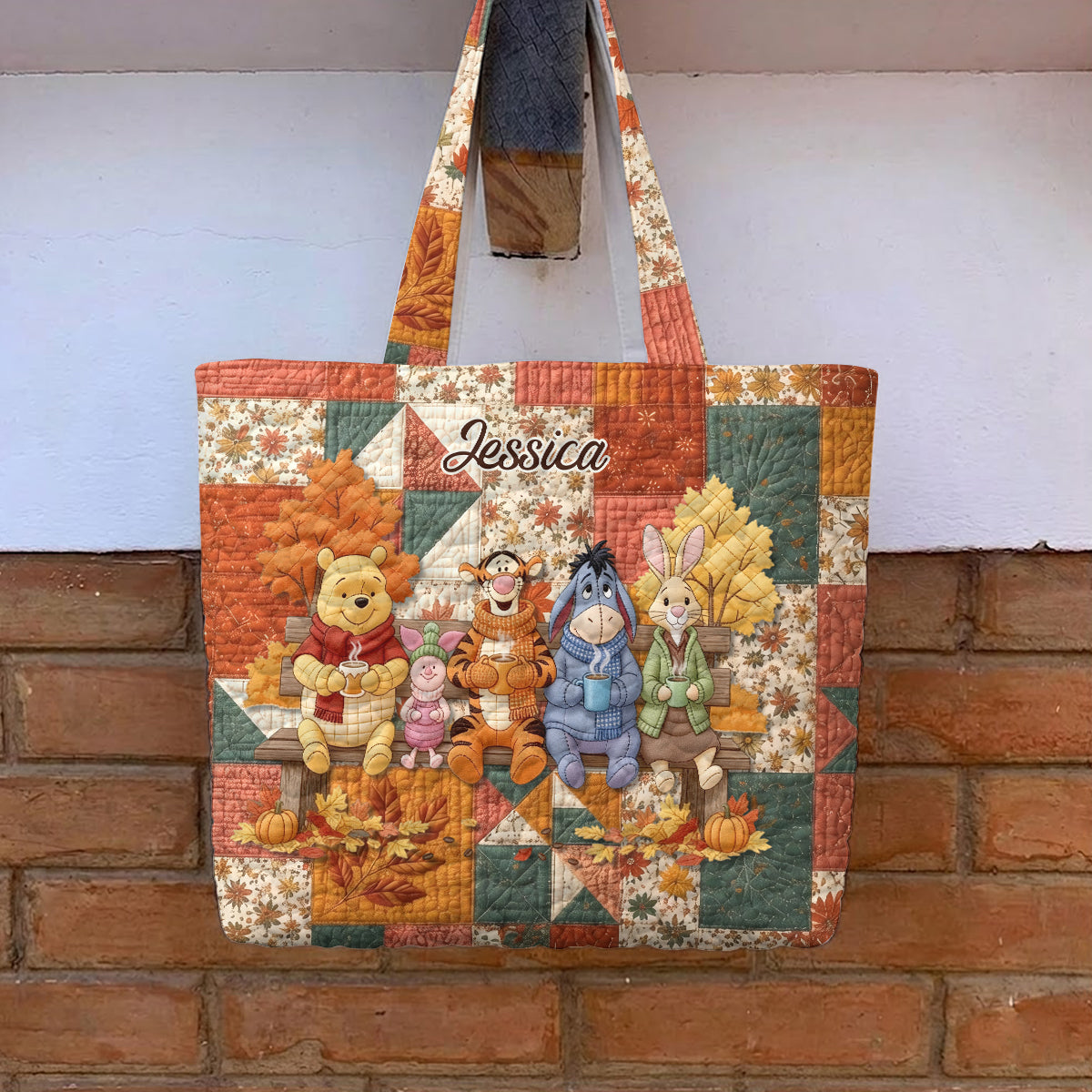 Honey Bear Autumn Vibes - Personalized Yellow Bear Quilted Tote Bag