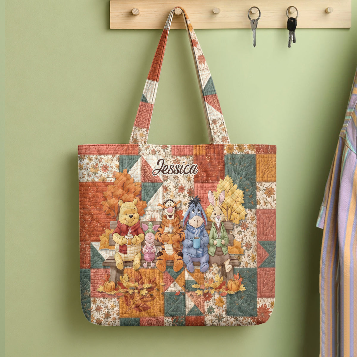 Honey Bear Autumn Vibes - Personalized Yellow Bear Quilted Tote Bag
