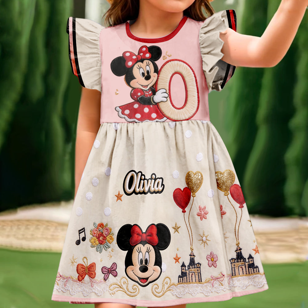 Magical Initial Gift For Kids - Personalized Mouse Kid Ruffle Sleeve Dress