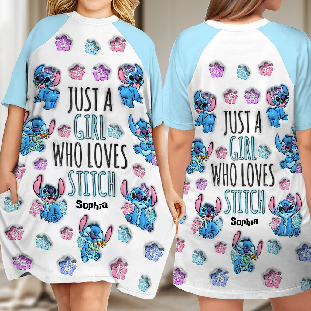 Just A Girl Who Loves Stitch - Personalized Ohana Sleep T-shirt Dress