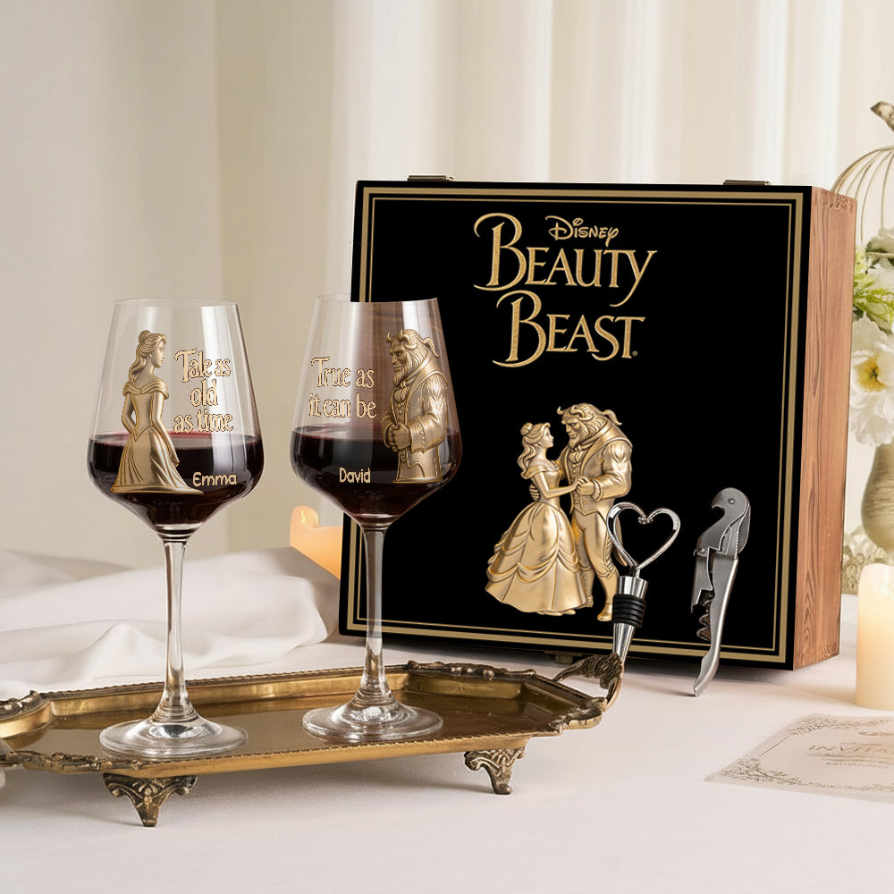 Fairy Tale Romantic Tale As Old As Time - Personalized Beauty And The Beast Wine Glasses Set With Wooden Box