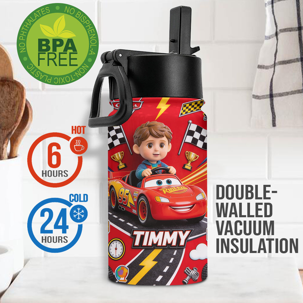 Kid On Wheel - Personalized Racing Lover Kid Bottle With Plush Charm