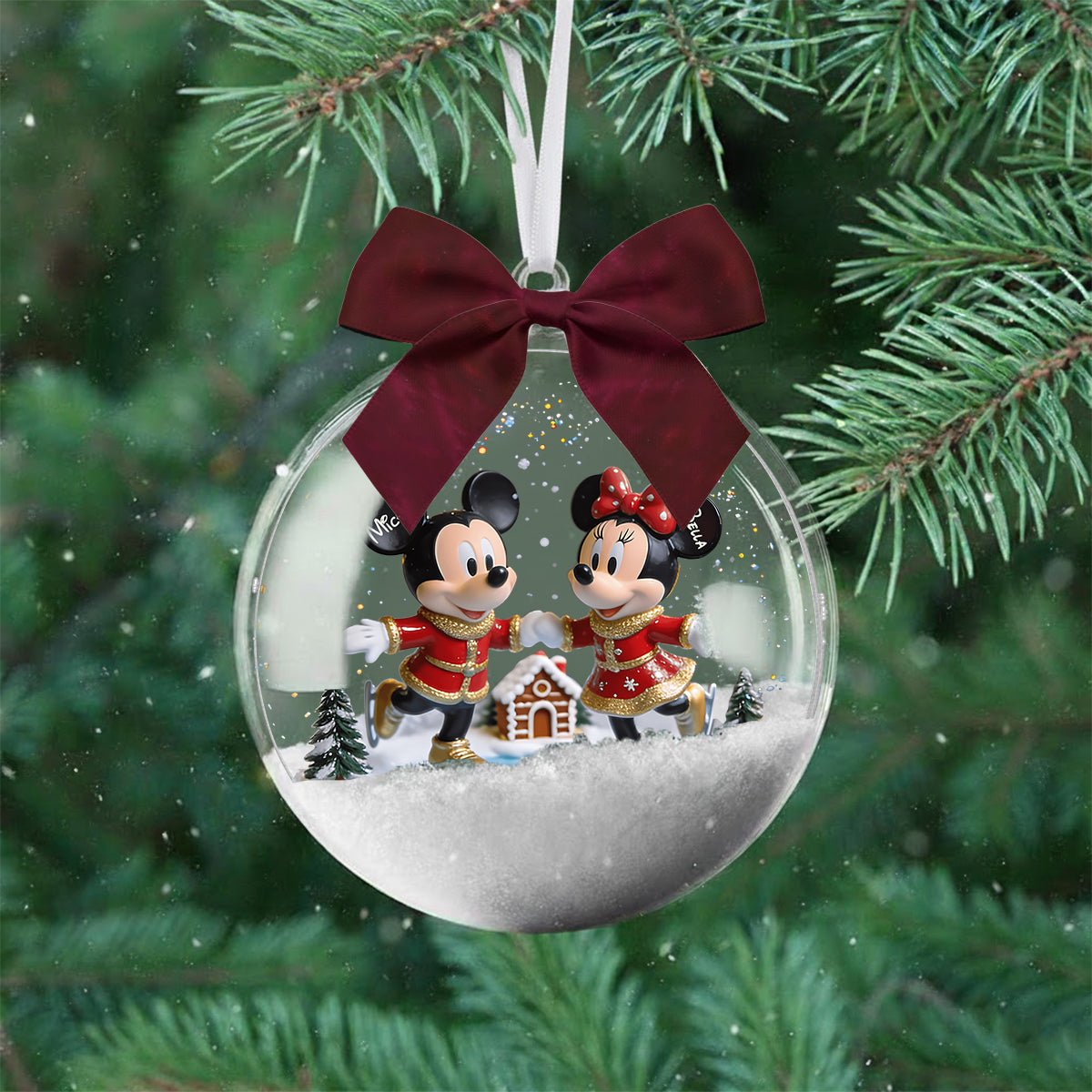 Merry Christmas - Personalized Mouse Snow Globe Ornament With Bow