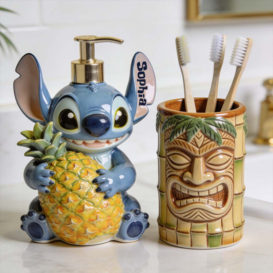 Bathroom Cute Blue Alien Set Soap Dispenser & Toothbrush Holder - Personalized Ohana Acrylic Pot & Pump Dispenser