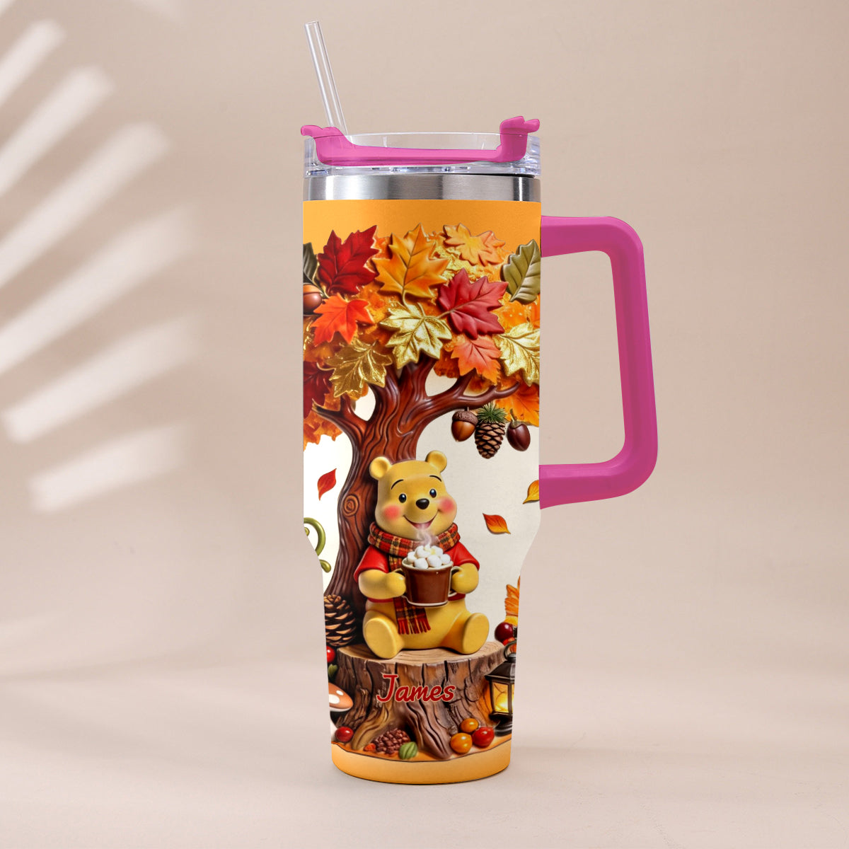 Fall Vibes - Personalized Yellow Bear Tumbler With Plush Charm