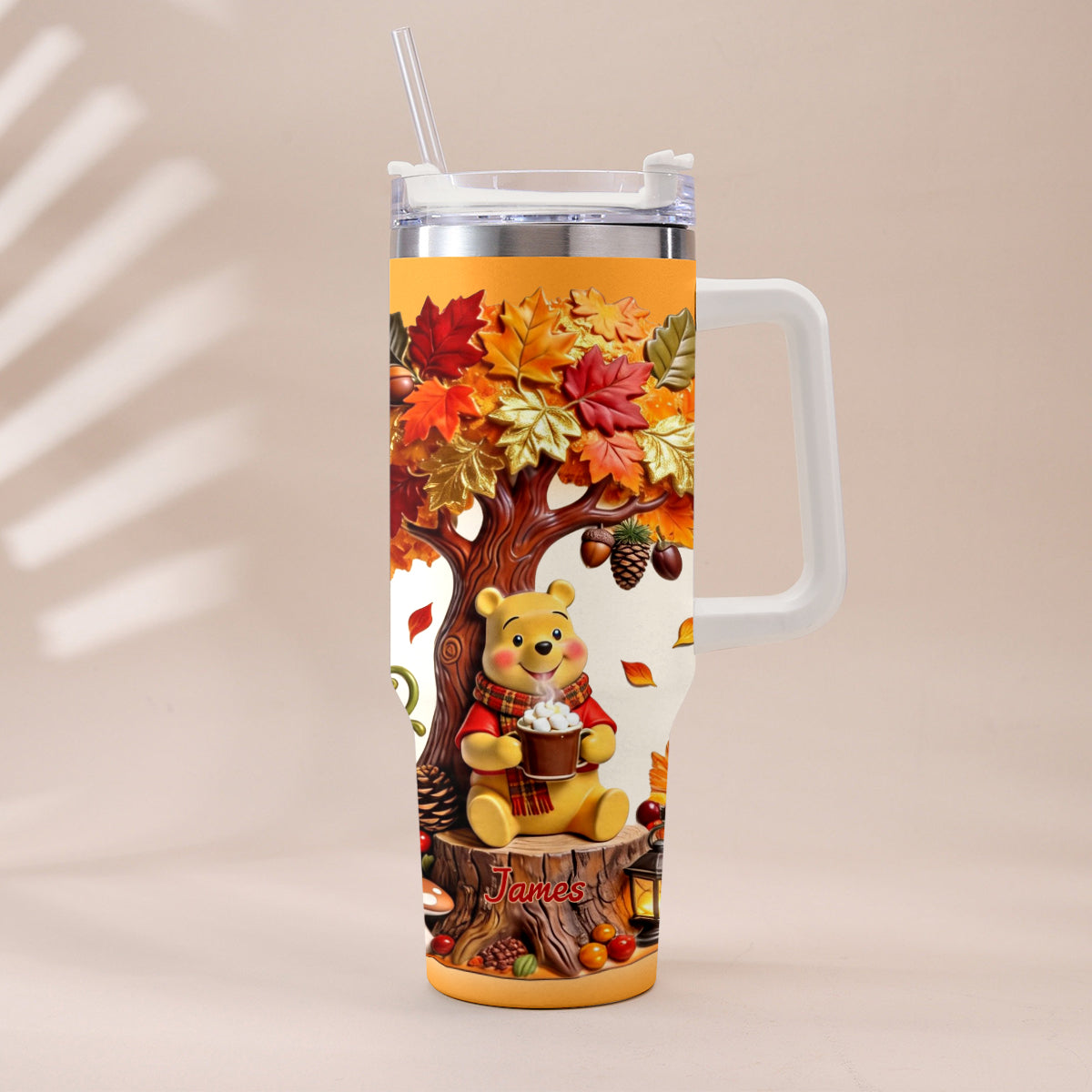 Fall Vibes - Personalized Yellow Bear Tumbler With Plush Charm