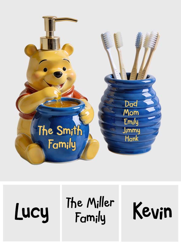 Bathroom Honey Bear Set Soap Dispenser & Toothbrush Holder - Personalized Yellow Bear Acrylic Pot & Pump Dispenser