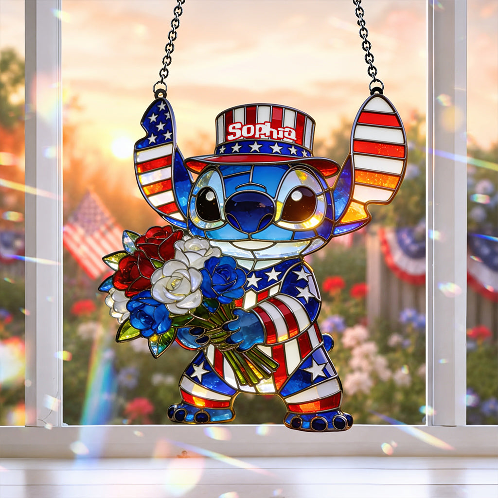 American Patriotic Alien Holding Flowers - Personalized Ohana Window Hanging Suncatcher Ornament