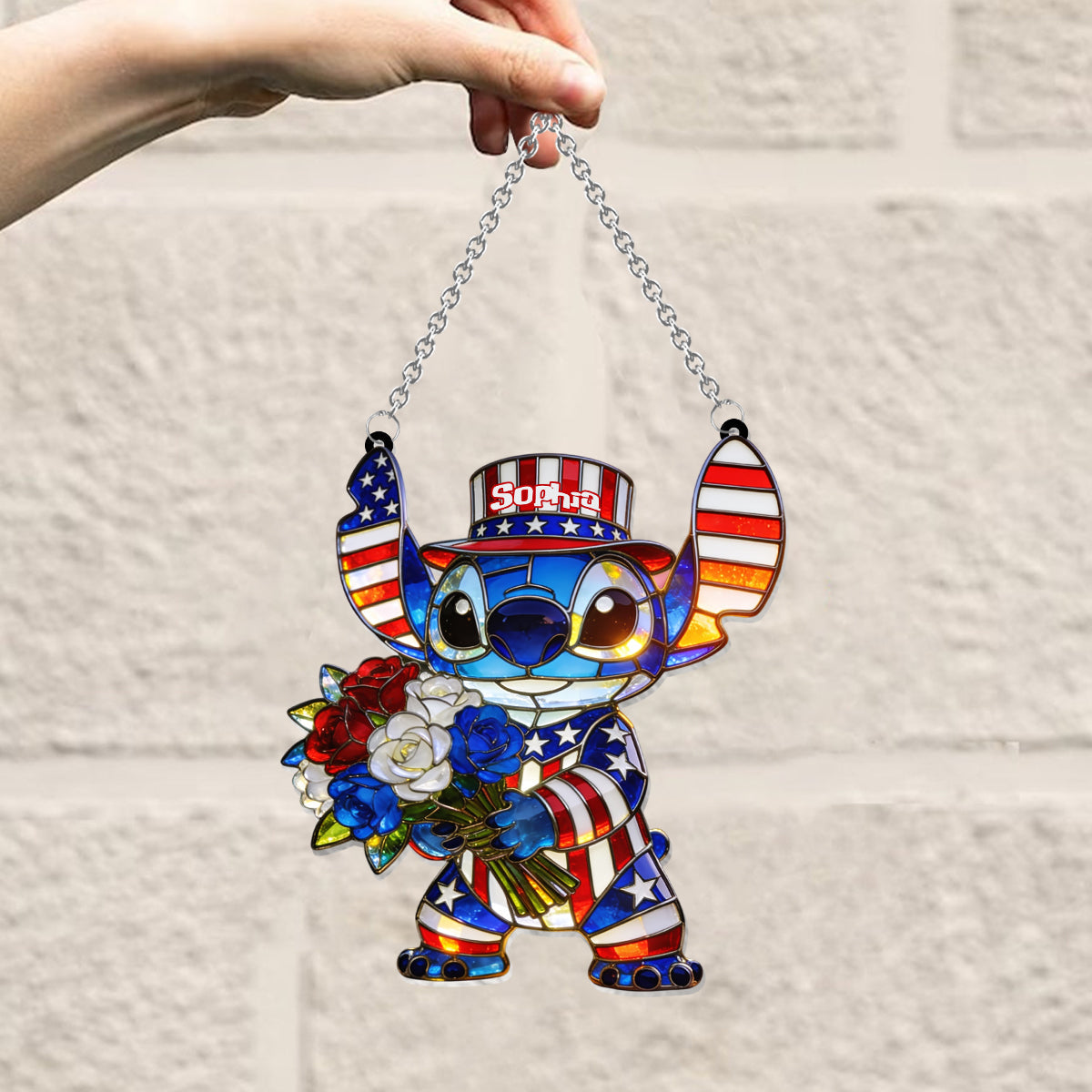 American Patriotic Alien Holding Flowers - Personalized Ohana Window Hanging Suncatcher Ornament