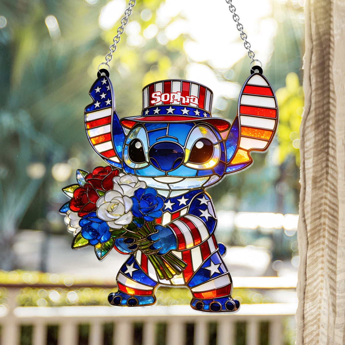 American Patriotic Alien Holding Flowers - Personalized Ohana Window Hanging Suncatcher Ornament