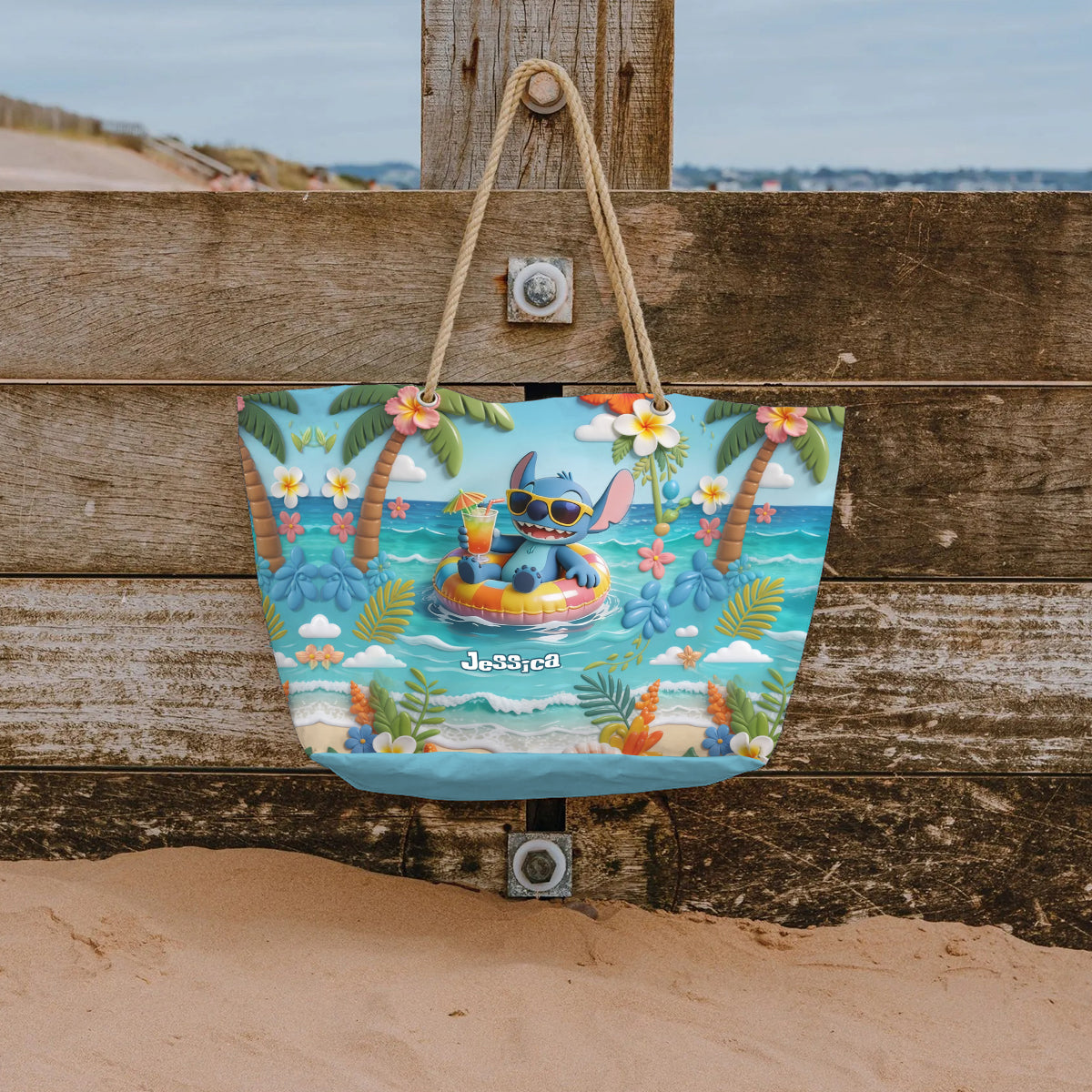 Blue Monster Summer Vibes - Personalized Ohana Beach Bag With Plush Charm
