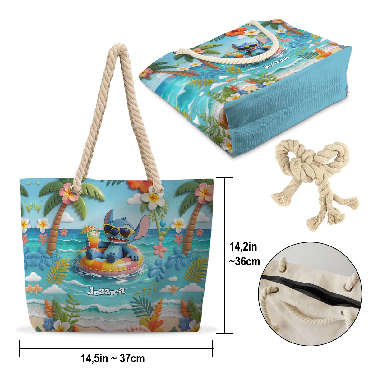 Blue Monster Summer Vibes - Personalized Ohana Beach Bag With Plush Charm