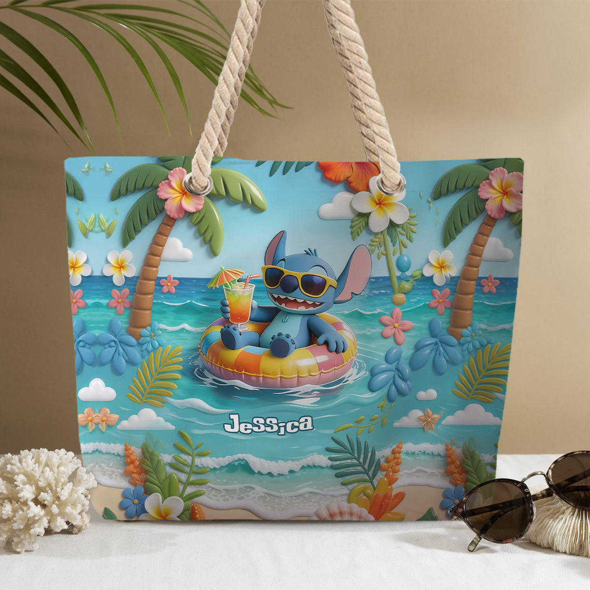 Blue Monster Summer Vibes - Personalized Ohana Beach Bag With Plush Charm