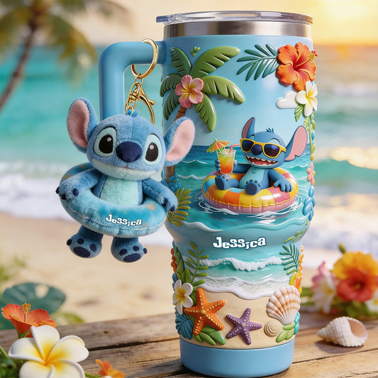 Blue Monster Summer Vibes - Personalized Ohana Tumbler With Plush Charm