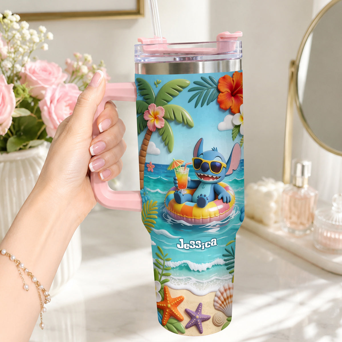 Blue Monster Summer Vibes - Personalized Ohana Tumbler With Plush Charm