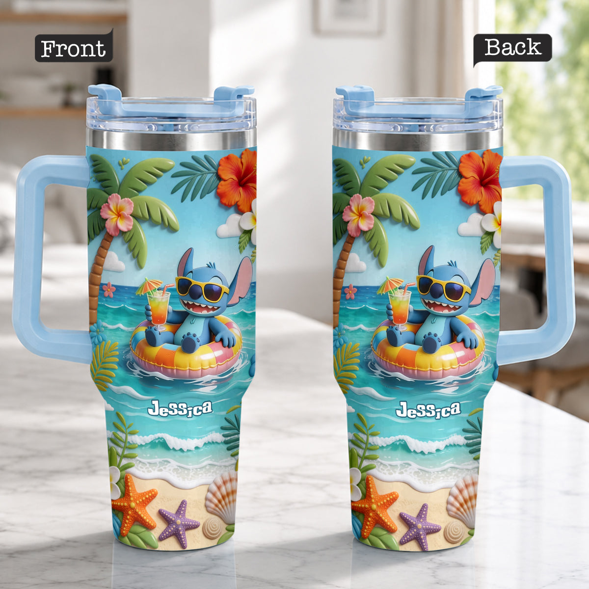 Blue Monster Summer Vibes - Personalized Ohana Tumbler With Plush Charm