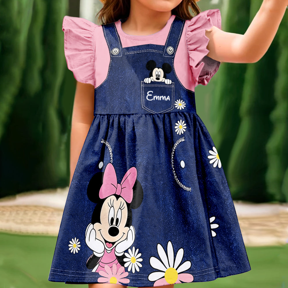 Girls' Digital Print Dress - Personalized Mouse Kid Ruffle Sleeve Dress