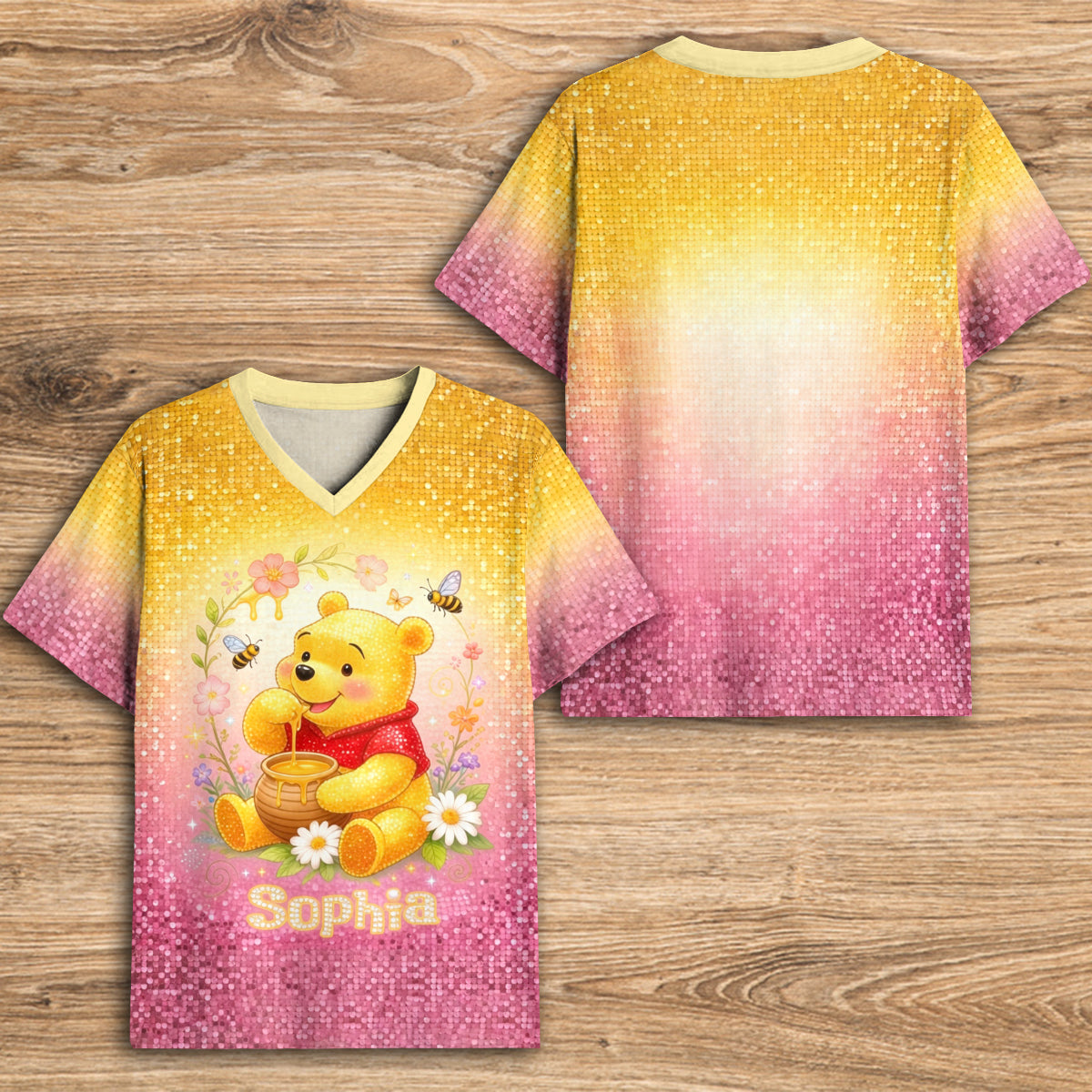 Honey Bear Sequins Style - Personalized Yellow Bear Fully Printed V-Neck T-Shirt