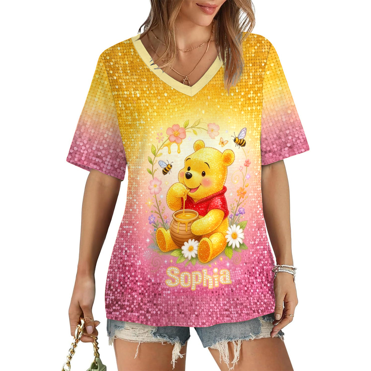 Honey Bear Sequins Style - Personalized Yellow Bear Fully Printed V-Neck T-Shirt