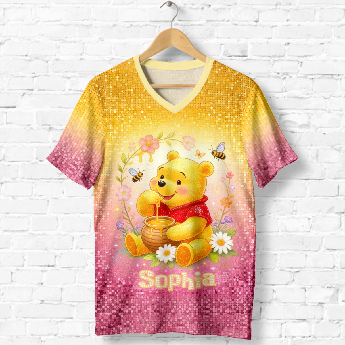 Honey Bear Sequins Style - Personalized Yellow Bear Fully Printed V-Neck T-Shirt