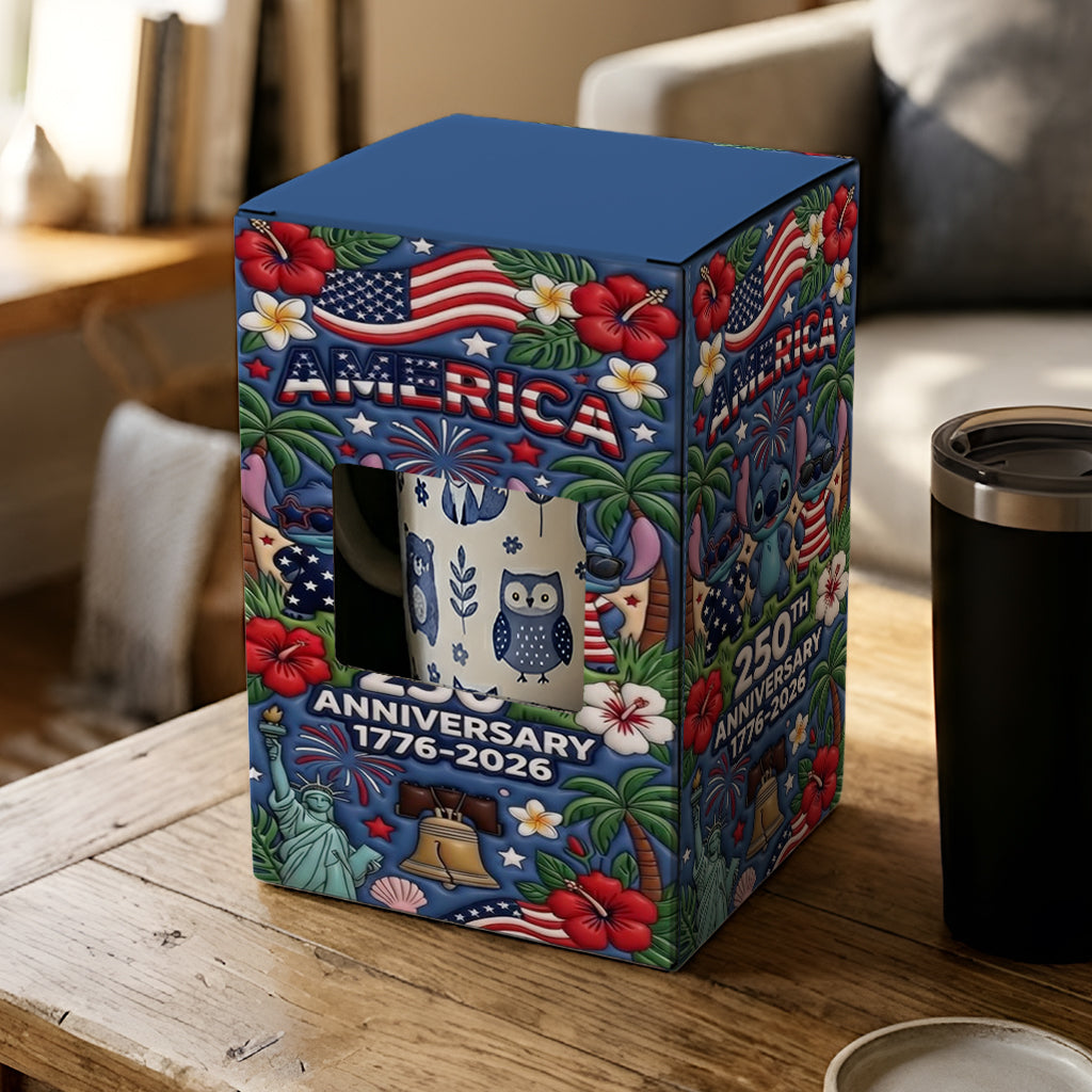 Cute Blue Alien Cartoon USA 250th Anniversary - Personalized Ohana Tumbler With Gift Box