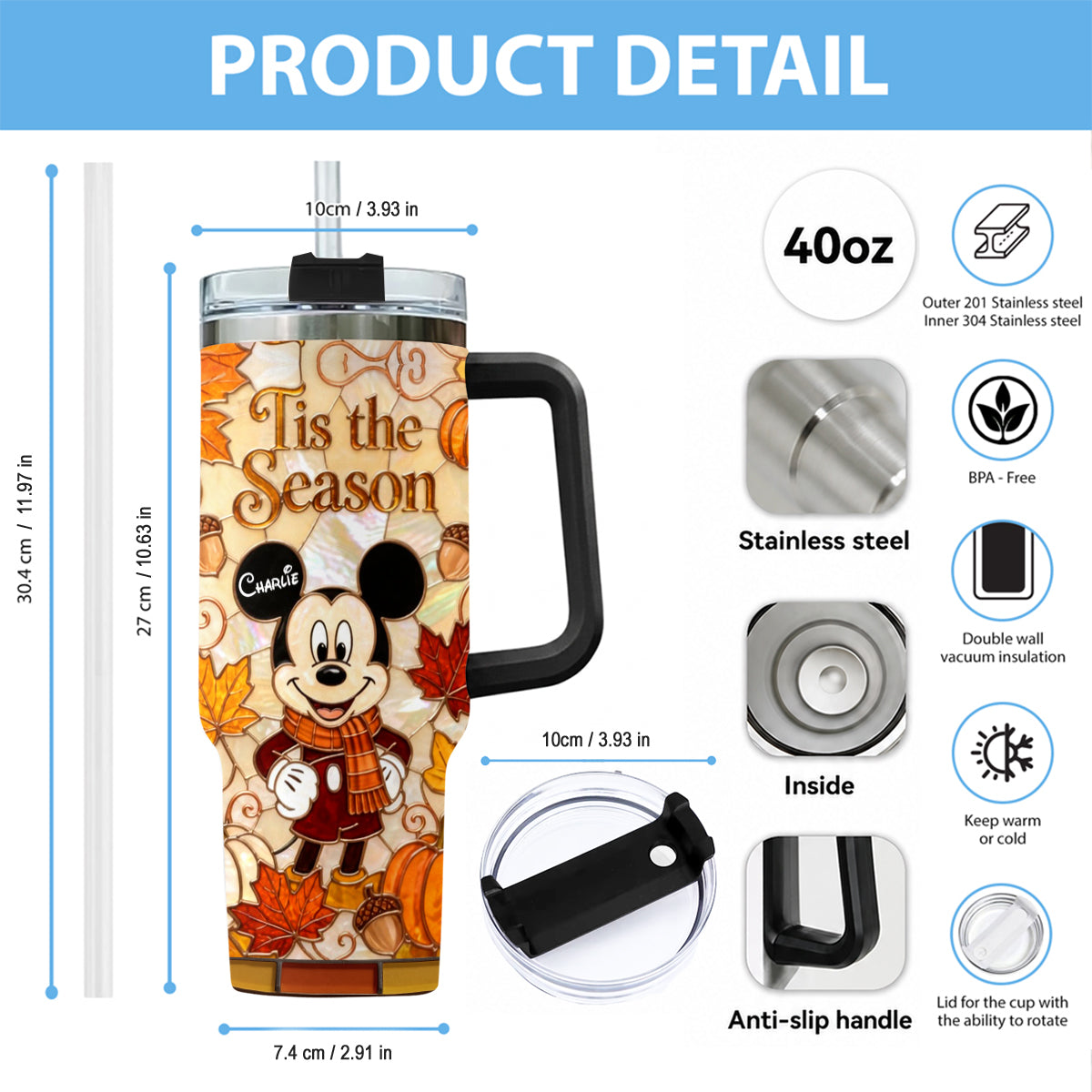 Autumn Cartoon Mouse Character - Personalized Mouse Tumbler With Plush Charm