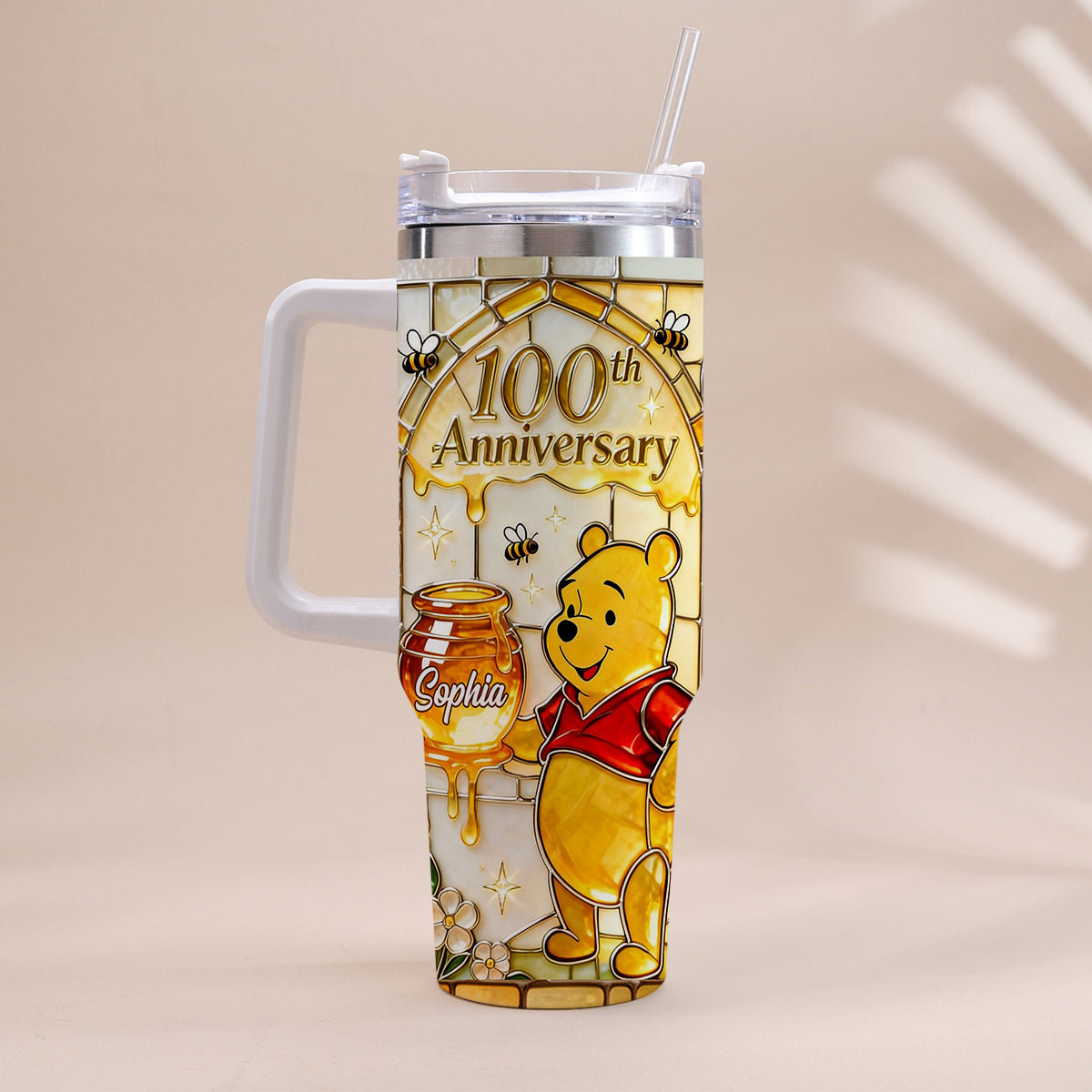 Honey Bear 100th Anniversary - Personalized Yellow Bear Tumbler With Handle