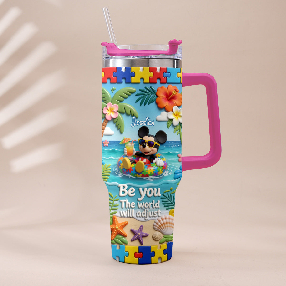 Be You The World Will Adjust - Personalized Autism Awareness Tumbler With Plush Charm