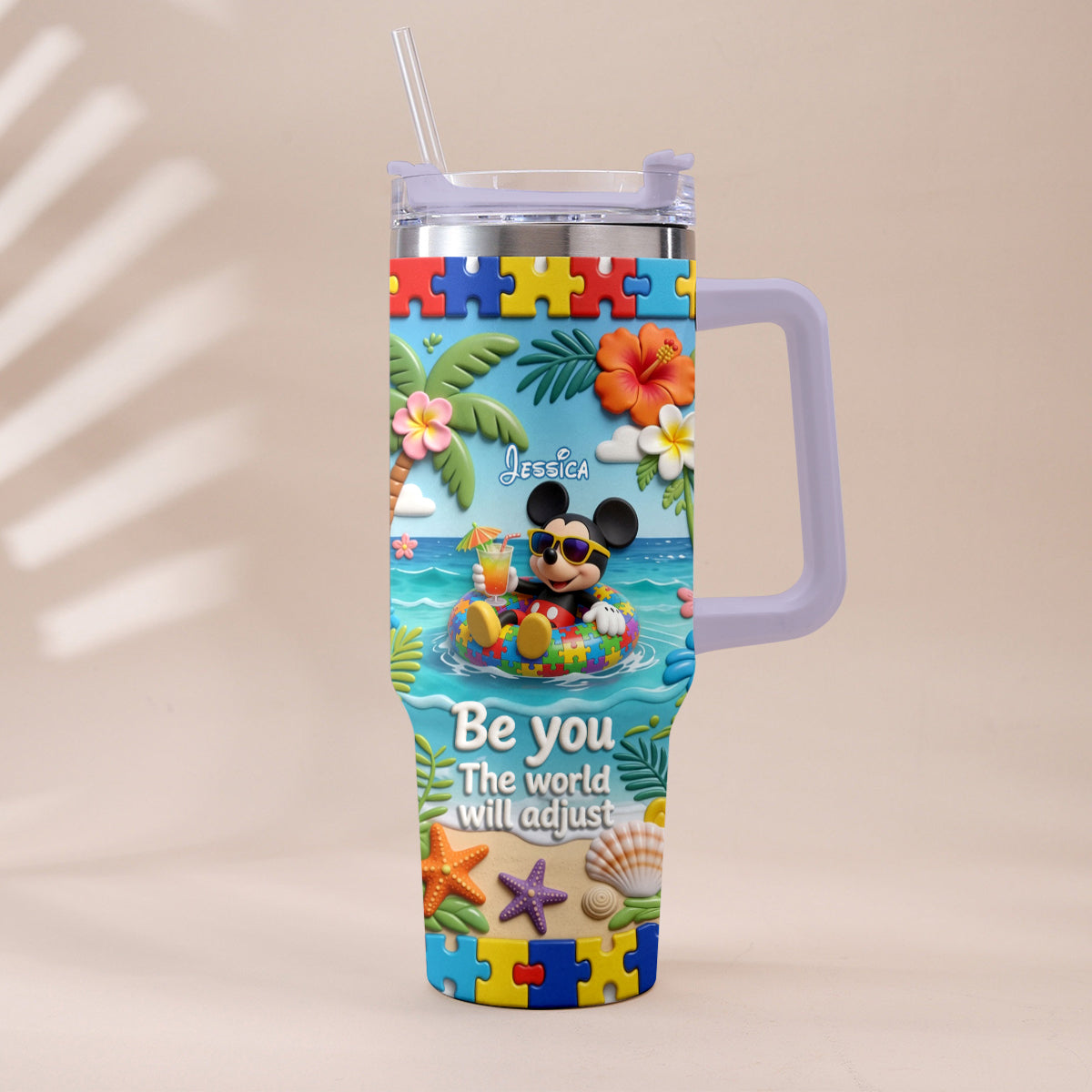 Be You The World Will Adjust - Personalized Autism Awareness Tumbler With Plush Charm