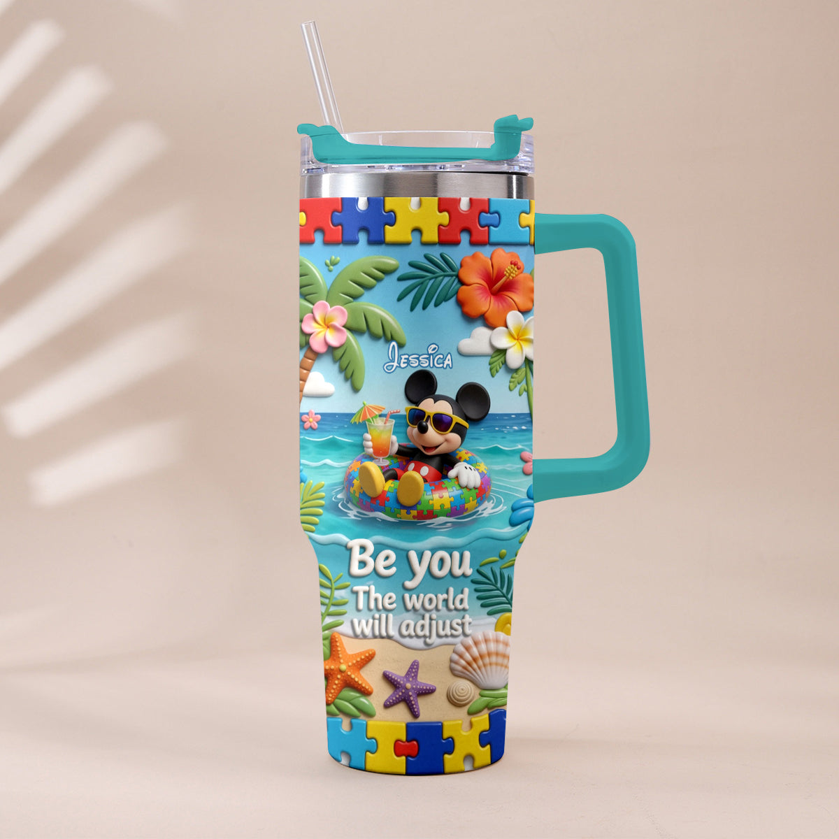 Be You The World Will Adjust - Personalized Autism Awareness Tumbler With Plush Charm